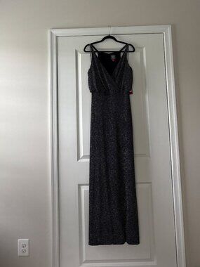 NWT Vince Camuto Metallic Knit Evening Gown Black Silver Blouson Maxi Dress 8